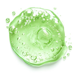 Top-down view showcasing a green dishwashing liquid detergent puddle isolated on a white background - obrazy, fototapety, plakaty
