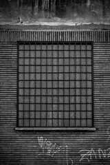 Grayscale shot of a building window with bars