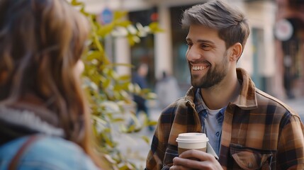 A smiling young man with a beard holding a coffee cup converses with a woman outdoors in a casual urban setting. 