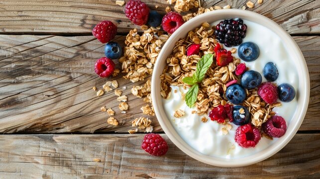 A bowl of homemade granola paired with yogurt and fresh berries