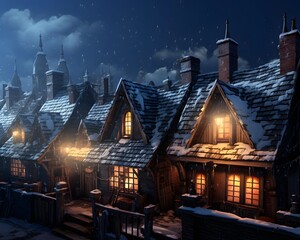Winter landscape with snow covered houses in the city. 3d illustration - Powered by Adobe