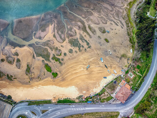 Aerial view of Bonhome beach in estuary of Villaviciosa.