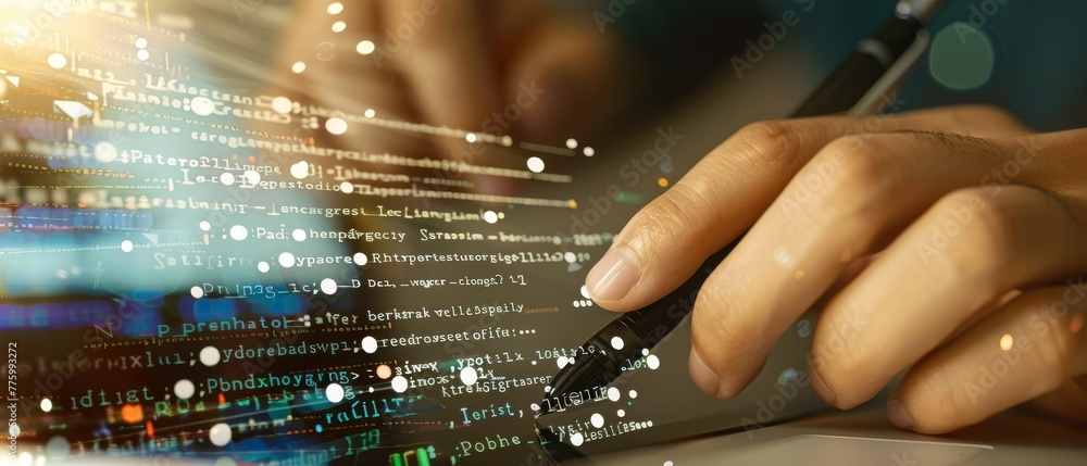 Poster Theme of business and technology, software development, IoT. Double exposure, man programmer, software developer working on digital tablet and smart city with binary and html code displayed on the
