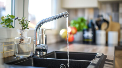 Running tap in sink, modern kitchen ambiance, close-up