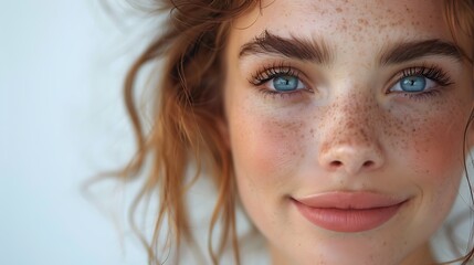Close-up portrait of a young woman with freckles and a subtle smile against a light background  - obrazy, fototapety, plakaty