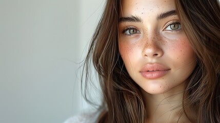 A close-up portrait of a young woman with striking green eyes and natural freckles against a soft blurred background.  - obrazy, fototapety, plakaty