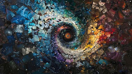 shattered stained glass painting of many spiralled tiny galaxies, helix nebula. Generated AI.  - obrazy, fototapety, plakaty