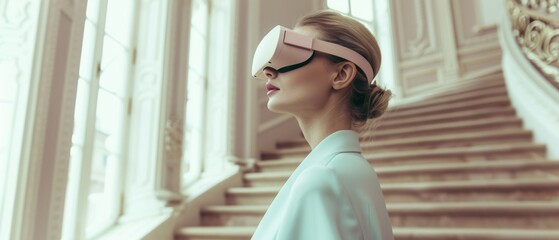 A woman wearing glasses of virtual reality. A concept of the future of technology. - obrazy, fototapety, plakaty