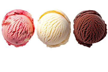Various flavors of ice cream balls or scoops isolated on white background. Top view.