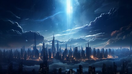 A dynamic 3D background featuring futuristic skyscrapers towering against a backdrop of swirling clouds and shimmering city lights, creating an immersive urban landscape.