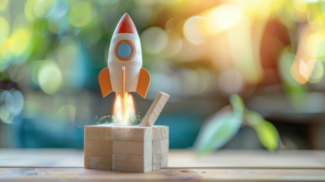 A symbolic representation of a startup, featuring a rocket launching off a wooden cube