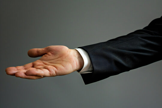 A businessman extends his hand with palm up. Product presentation or display 