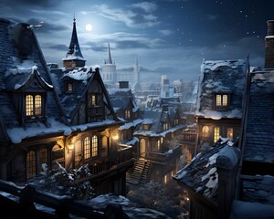 Old wooden houses in the city at night. Winter panorama.