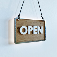 open sign 3d rendered. modern signage on white background, white text on wood texture and glow light