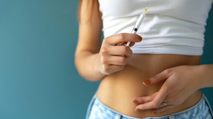A woman's hand confidently holding a self-injection pen close to her stomach,