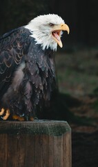 Vertical shot of a screeching Bald eagle perched on a wood