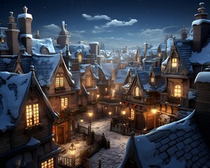 Fantasy winter landscape with old wooden houses and snow covered mountains. 3d rendering