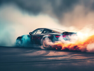 High-Octane Drift Racing Car in Dynamic Motion - obrazy, fototapety, plakaty