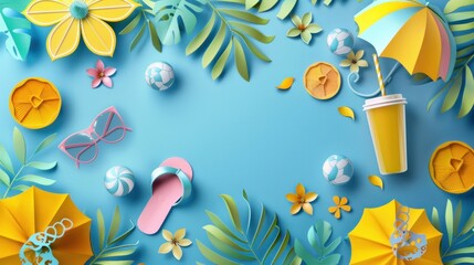 Fototapeta na wymiar A vibrant summer backdrop featuring an umbrella, a ball, sunglasses, sandals