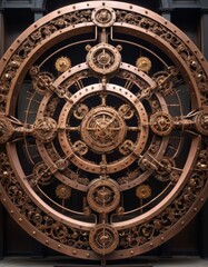 A sophisticated, bronze circular door with complex mechanical gears, symbolizing an entrance to untold secrets
