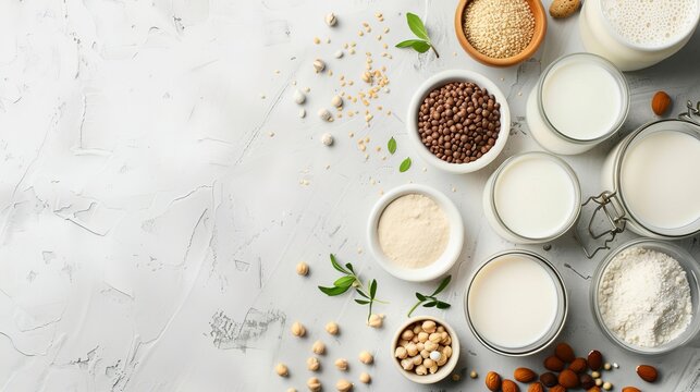 An overhead shot of assorted vegan milk alternatives and their sources