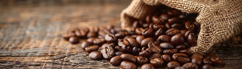 Premium Coffee Beans Spilling from Burlap Sack Promise of Perfect Brew on Rustic Wooden Backdrop