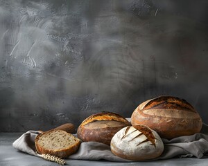 Freshly Baked Artisan Bread Loaves Arranged on Rustic Wooden Board in Moody Atmospheric Setting with Warm Alluring Aroma