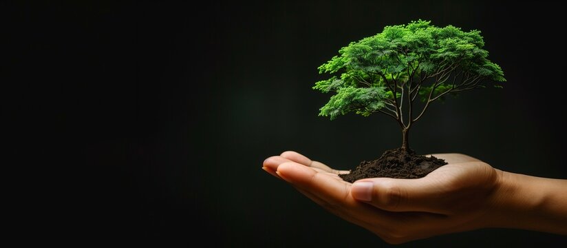 Ecology banner concept on a black background. Human hands are holding a small tree. Horizontal green photo ecology concept with copy space.