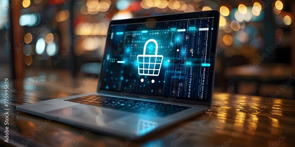 Poster secure online shopping concept with laptop showing encrypted payment page and shopping cart with pad