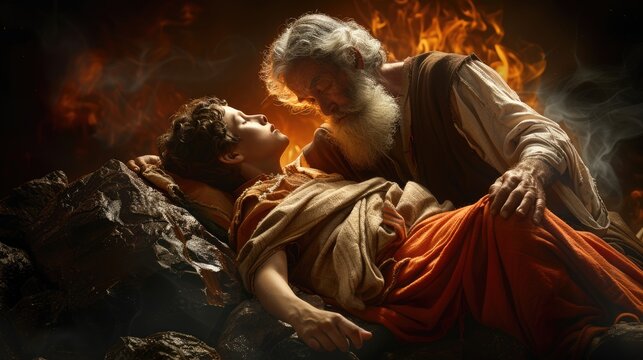 The sacrifice of isaac: an iconic event in the biblical narrative, depicting abraham's obedience and faith, as he offers his son isaac to god as an act of devotion and trust.