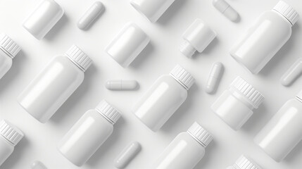 Mockup featuring white supplement bottles, single bottle, various style, front angle, top angle, on white background - Powered by Adobe