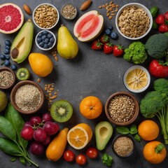 Healthy food, a diverse selection of environmentally friendly products: fruits, vegetables, seeds, cereals, leafy vegetables on a beautiful concrete background. Generative AI