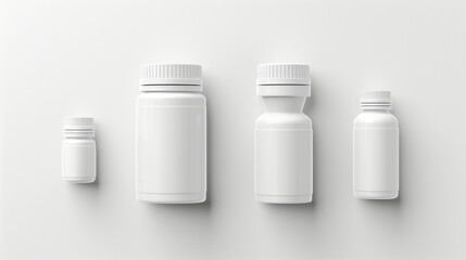 Mockup featuring white supplement bottles, single bottle, various style, front angle, top angle, on white background