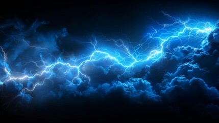 Abstract Blue Lightning on Black Background. Thunderlight Sparks Blitz Lightning Thunderbolt Storm Flash Thunderstorm. Power Energy Charge Thunder Shock. - obrazy, fototapety, plakaty