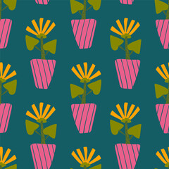 seamless pattern with hand drawn chamomile flower in a vase. Background, wrapping paper