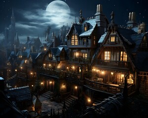 3D render of a fairy tale village at night with full moon