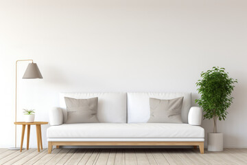 Fototapeta na wymiar Bright and cozy modern living room interior have sofa and lamp with white wall background
