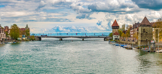 Large panorama of the Rhine Bridge (Rheinbrücke) at Constance with the two medieval towers...