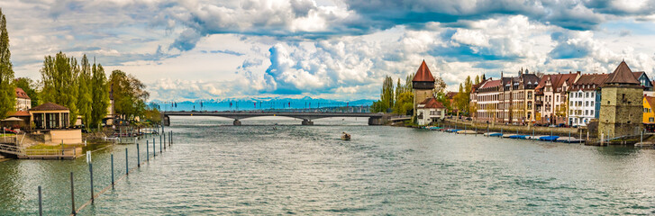 Huge panorama of the Rhine Bridge (Rheinbrücke) crossing the river Seerhein at Constance with the...