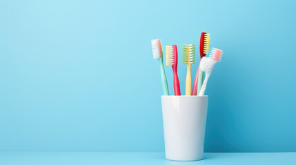 Different toothbrushes in holder on light blue background Space for text