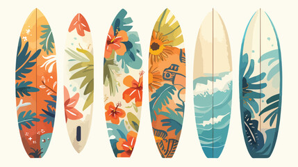 Surfing board set. Hand-drawn decoration elements.