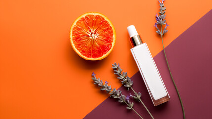A vibrant citrus orange, and sprigs of lavender on a contrasting background