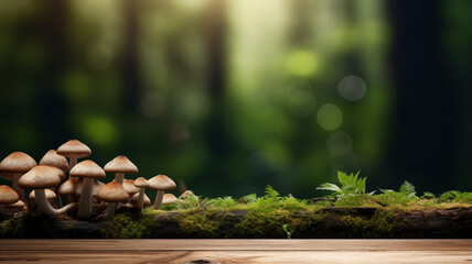 Empty table top wooden surface for product placement with mushrooms, moss, greenery background.