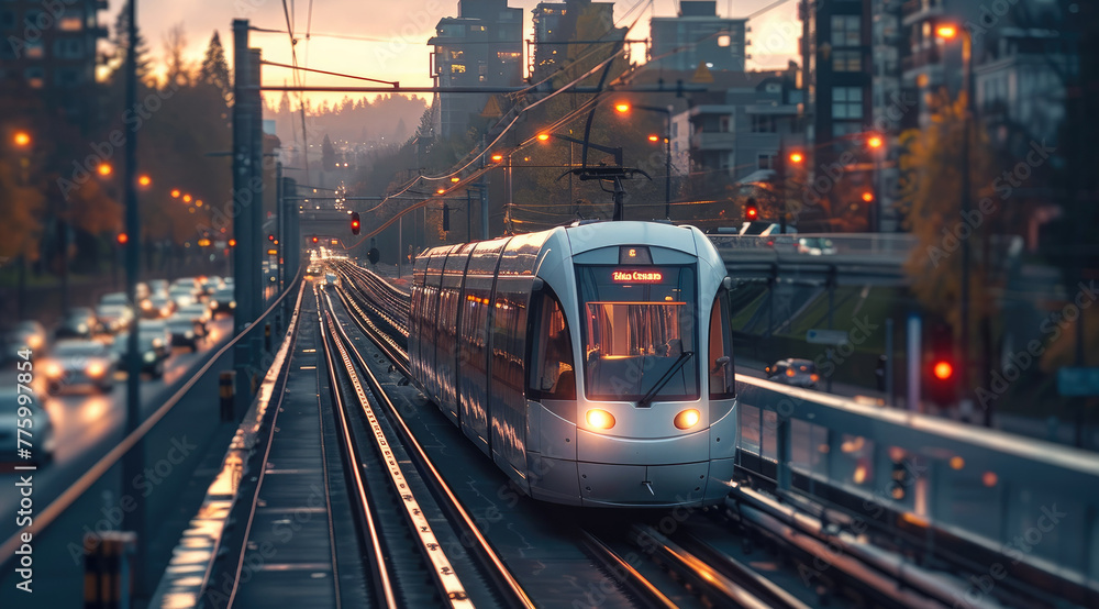 Poster the light rail passing city. generative ai.