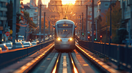 The light rail passing city. Generative AI. - obrazy, fototapety, plakaty