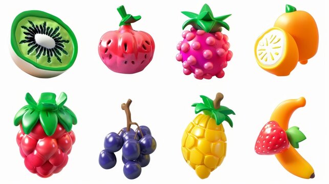 Icons of watermelon, kiwi, orange, cherry, strawberry, raspberry, pineapple, lemon, banana, grapes. Sculpted from plasticine.