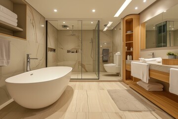 Fototapeta na wymiar Modern Bathroom spacious room. House mirror. Generate Ai