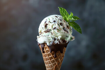 Mint Chocolate Chip Ice Cream Cone with Fresh Mint. A sumptuous mint chocolate chip ice cream cone garnished with fresh mint leaves, against a dark background.
