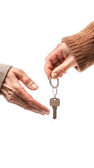 Obraz premium Old age woman giving key to young man, Key in the shape of house, giving responsibility, unique, real estate