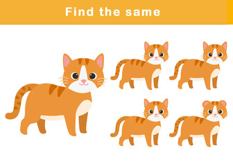 Fototapeta premium Find same picture worksheet for kids. Worksheet for kids kindergarten, preschool and school age. Education game for children with cute cat illustration. 